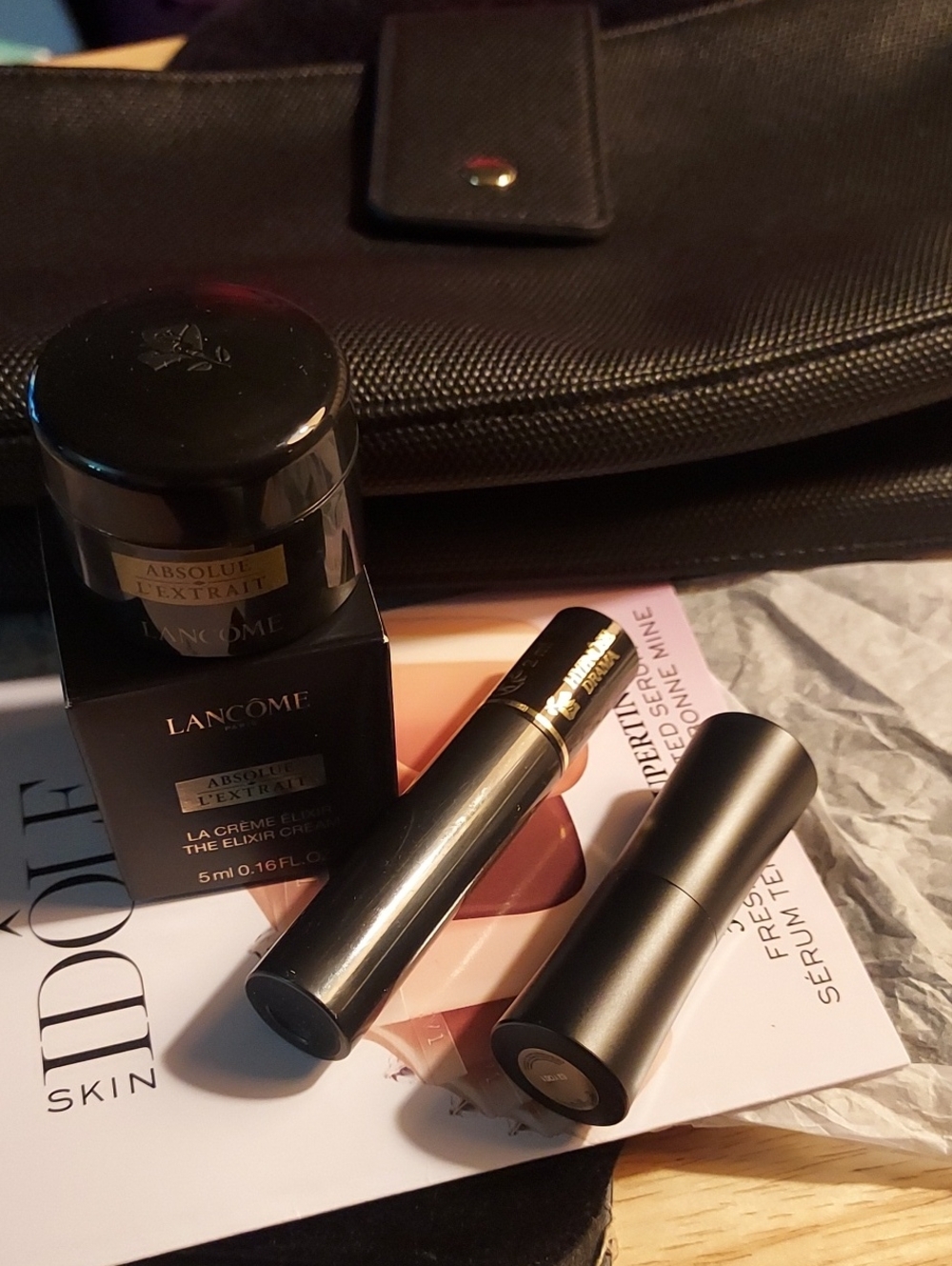 Lancome Women Makeup Bag/Black Mascara,Lipstick,Elixir Cream